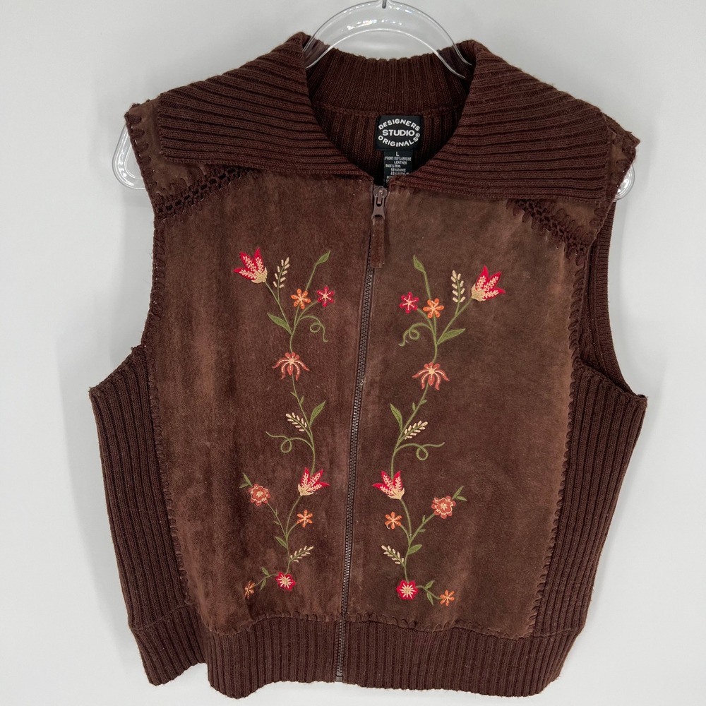 DESIGNERS STUDIO ORIGINALS Suede Vest Womens L Brown Boho Floral Embroidered